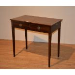 A late 19th/early 20th century mahogany side table, with two drawers, raised on tapering supports,