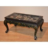 A Japanned coffee table, decorated with faux jade figures with trees on ebonised painted ground,