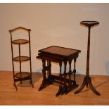 A mahogany nest of three tables, 56cm high x 52cm wide, also with a mahogany plant stand,