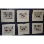 A set of six framed colour plates of engravings by CR Stock, including 'Business', 'One Down',