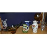 A mixed lot of pottery and glass, to include two pieces of coloured glass, probably by Murano,