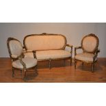 A 19th century giltwood parlour suite, comprising of settee, pair of armchairs,