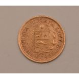 A Verdad I Lima half libra gold coin, dated 1908,
