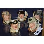 Five small Royal Doulton character jugs, comprising of the Airman, the Soldier, the Sailor,