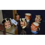 Six small Royal Doulton character jugs, comprising of Farmer John, The Trapper, Sam Weller,