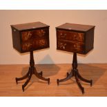 A pair of mahogany chests of drawers, raised on turned column and downswept supports,