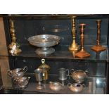 A mixed lot of brass, plate and pewter wares, to include pair of diamond candlesticks,