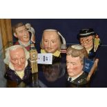 Five small Royal Doulton character jugs, comprising of John Doulton, Michel Doulton,