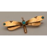 A 15ct gold turquoise and diamond dragonfly brooch,