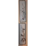 A pair of Chinese silk embroidered panels, depicting birds in foliage on white ground,