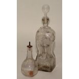 A Georgian etched glass decanter, with later stopper, decorated with panels of deer in foliage,