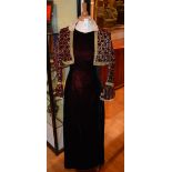 A vintage burgundy velvet wedding dress/ball gown, with burgundy damask and Victorian lace jacket,