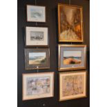 A group of seven pictures and prints, to include an oil of a 19th century street scene,