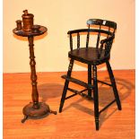 A Victorian ebonised child's chair, 74cm high, also with Victorian smokers stand,