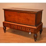 A Victorian stained pine blanket box on stand, the hinged lid enclosing integral candle box,
