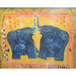 South African School 'Elephants' Acrylic on board, indistintly signed lower right,