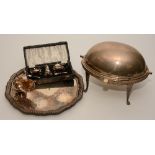 A silver plated revolving breakfast dish, together with plated salver,
