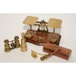 A set of vintage oak and brass postal scales, 12cm high x 24cm wide, also with brass telescope,