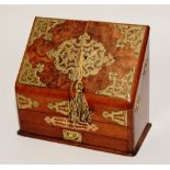 A Victorian figured walnut and brass bound stationary box,