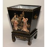 A Chinese black lacquered jardiniere on stand,