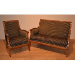 A good quality Louis XVI style beechwood two seater settee with matching armchair by Balzarotti of