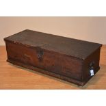 A late 19th/early 20th century vintage pine tool chest, with metal hinged bracket to lock,