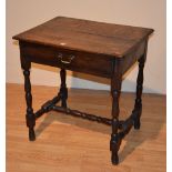 An 18th century country oak side table, with single drawer,