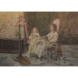 A large Victorian tapestry panel, depicting two girls at home with parrot and dogs, in wooden frame,