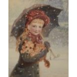 Helena Maguire (1860-1909) 'Young Girl with Dog in Snow' Watercolour, faintly signed lower right,