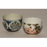 A Chinese famille rose tea bowl, decorated with panel of erotic scene, four character marks to base,