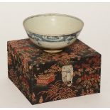 A Chinese export Ming blue and white bowl, in fitted Oriental padded box, 6.5cm high x 14.