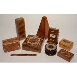 A mixed lot of decorative wood items, to include mauchline ware box, French metronome,