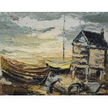 David Smith (British 1920-1999) 'Boats on Seashore' Oil on board, unsigned,