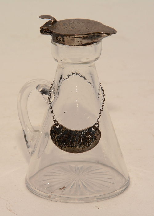 A glass and silver lidded whisky noggin, hallmarks for Birmingham 1912-13, 12cm high,