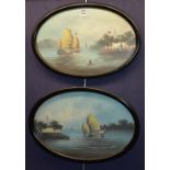 A pair of Chinese export oil paintings depicting boats at sea, circa late 19th/early 20th century,