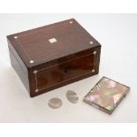 A Victorian rosewood and mother of pearl box, enclosing a mother of pearl card case (a/f),