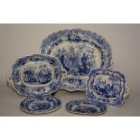 A Victorian blue and white pottery 'Sicilian' pattern meat platter, 55cm wide,