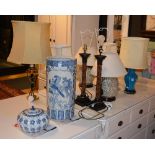 A mixed lot of table lamps, to include Chinese turquoise glazed example,