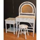 A modern white painted wicker dressing table with stool, 138cm high,