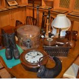 A quantity of wooden items, to include table lamps, Masonic style stands, Oriental bamboo hat box,