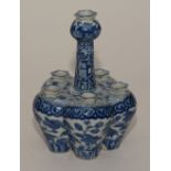 A Chinese blue and white six finger vase, decorated with panels of foliage,