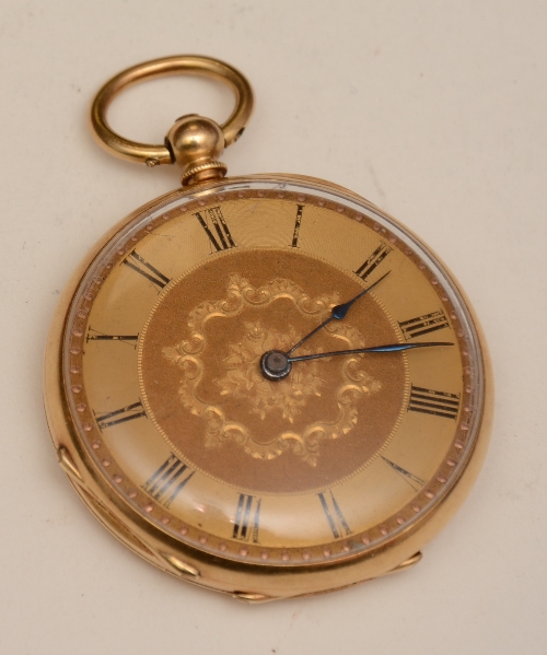 An 18ct gold open faced pocket watch, the champagne dial with Roman numerals,