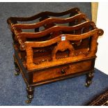 A Victorian rosewood Canterbury, with three divisions above single drawer,