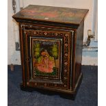 A painted Eastern themed bedside cabinet, with panelled door,