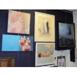 A collection of unsigned pictures, to include an oil of a nude, a pastel of a man painting,