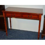 A reproduction yew wood rectangular side table, with two drawers,