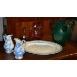 A mixed lot of Victorian pottery and later glass, to include a ceramic meat platter,