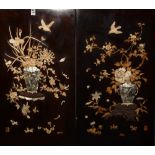 A pair of Chinese bone and mother of pearl panels on wood, decorated with a vase containing flowers,