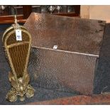 A brass fan firescreen, 63cm high, also with a metal coal bin,