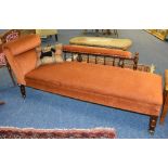 A mahogany chaise longue, circa early 20th century, upholstered in later orange velour,
